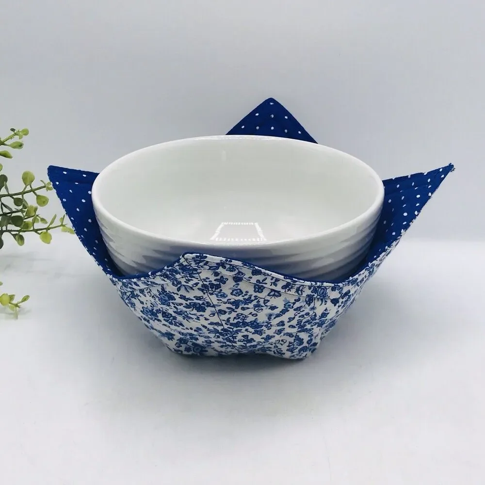 3 Piece Set Microwave Cozies, Reversible Colonial Blue Floral, Plate, Bowl, Pint